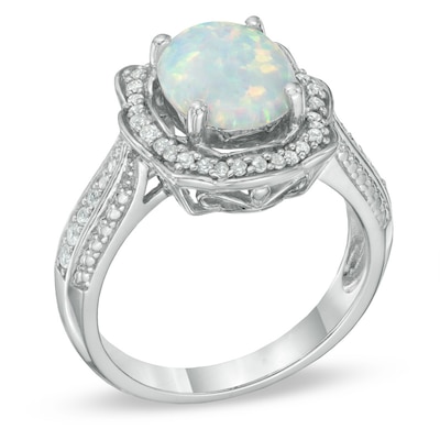 Oval Lab-Created Opal and White Sapphire Scallop Frame Ring in Sterling Silver