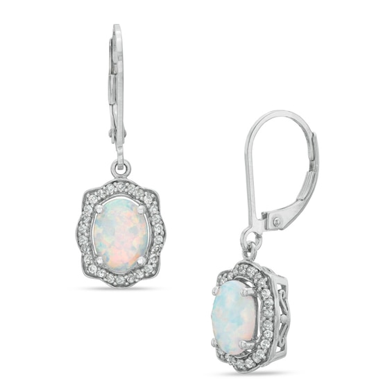 Oval Lab-Created Opal and White Sapphire Scallop Frame Drop Earrings in Sterling Silver