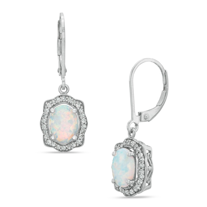 Oval Lab-Created Opal and White Sapphire Scallop Frame Drop Earrings in Sterling Silver|Peoples Jewellers