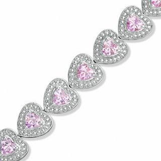 Heart-Shaped Lab-Created Pink Sapphire and Diamond Accent Bracelet in Sterling Silver - 7.25"