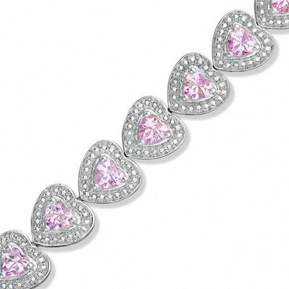 Heart-Shaped Lab-Created Pink Sapphire and Diamond Accent Bracelet in Sterling Silver - 7.25"