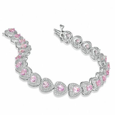 Heart-Shaped Lab-Created Pink Sapphire and Diamond Accent Bracelet in Sterling Silver - 7.25"