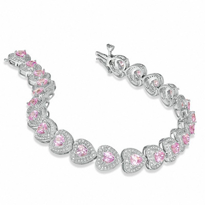 Heart-Shaped Lab-Created Pink Sapphire and Diamond Accent Bracelet in Sterling Silver - 7.25"|Peoples Jewellers