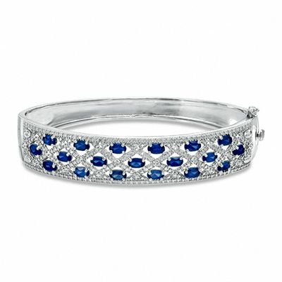 Oval Lab-Created Blue Sapphire and Diamond Accent Bangle in Sterling Silver - 7.25"