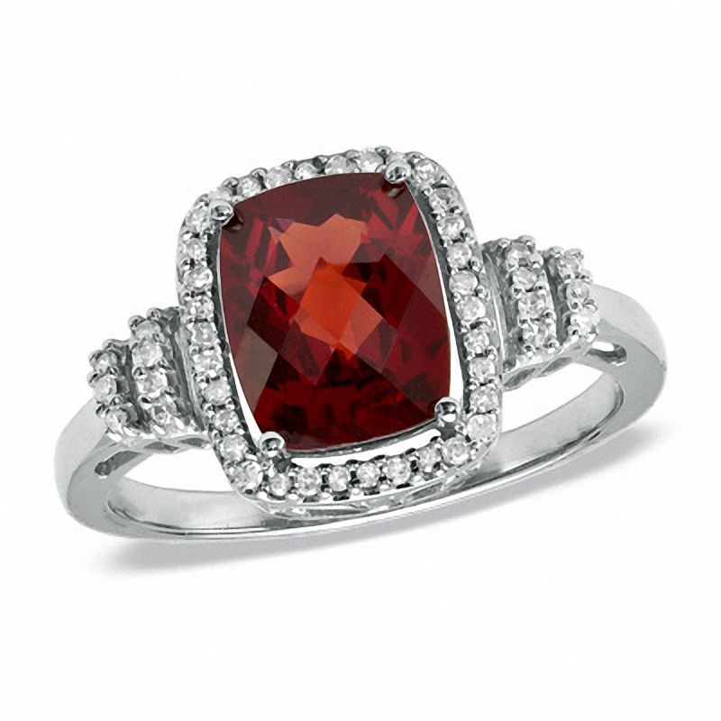 Cushion-Cut Garnet and 0.11 CT. T.W. Diamond Frame Ring in 10K White Gold|Peoples Jewellers