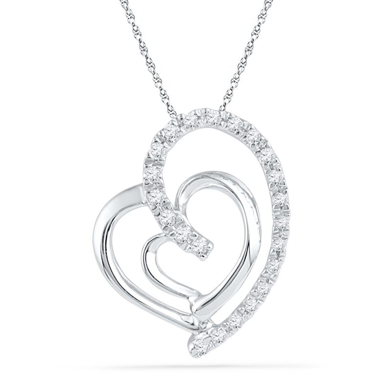 0.10 CT. T.W. Diamond Tilted Double Heart Pendant in 10K White Gold|Peoples Jewellers