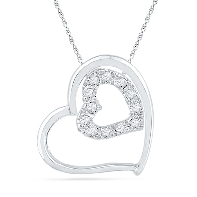 Diamond Accent Tilted Double Heart Pendant in 10K White Gold