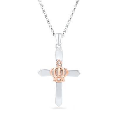 Diamond Accent Cross with Crown Pendant in Sterling Silver and 10K Rose Gold