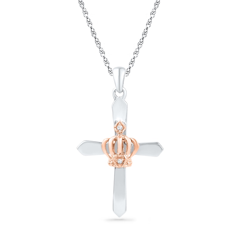 Diamond Accent Cross with Crown Pendant in Sterling Silver and 10K Rose Gold|Peoples Jewellers
