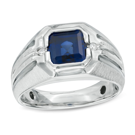 Men's 8.0mm Octagonal Lab-Created Blue Sapphire and Diamond Accent Ring in Sterling Silver