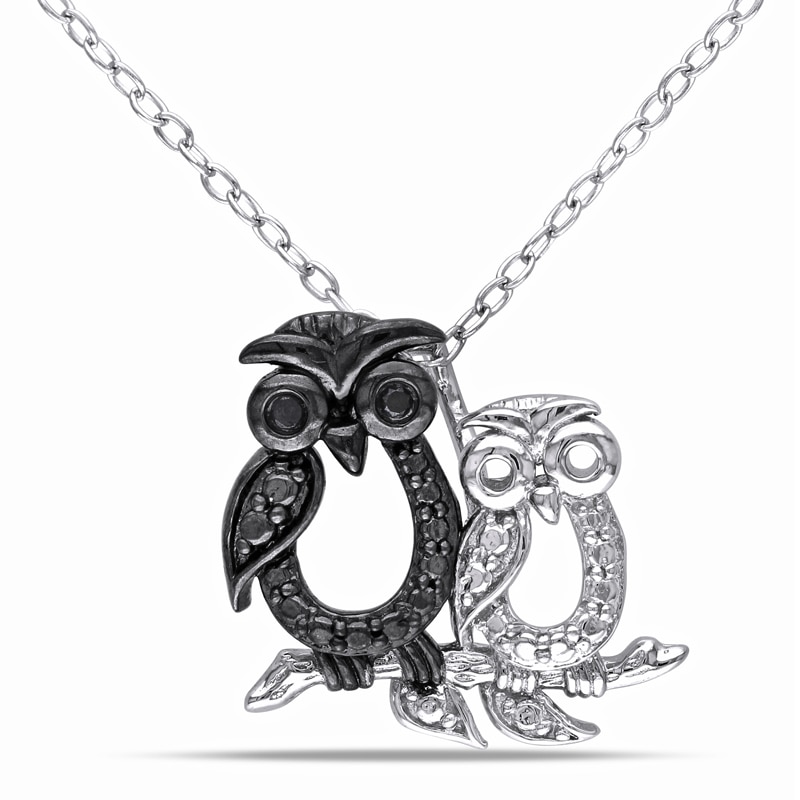 Black Diamond Accent Motherly Owl Pendant in Sterling Silver with Beaded Black Rhodium|Peoples Jewellers