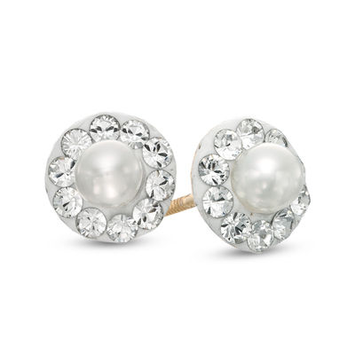 Child's 3.0mm Freshwater Cultured Pearl and Crystal Stud Earrings in 14K Gold