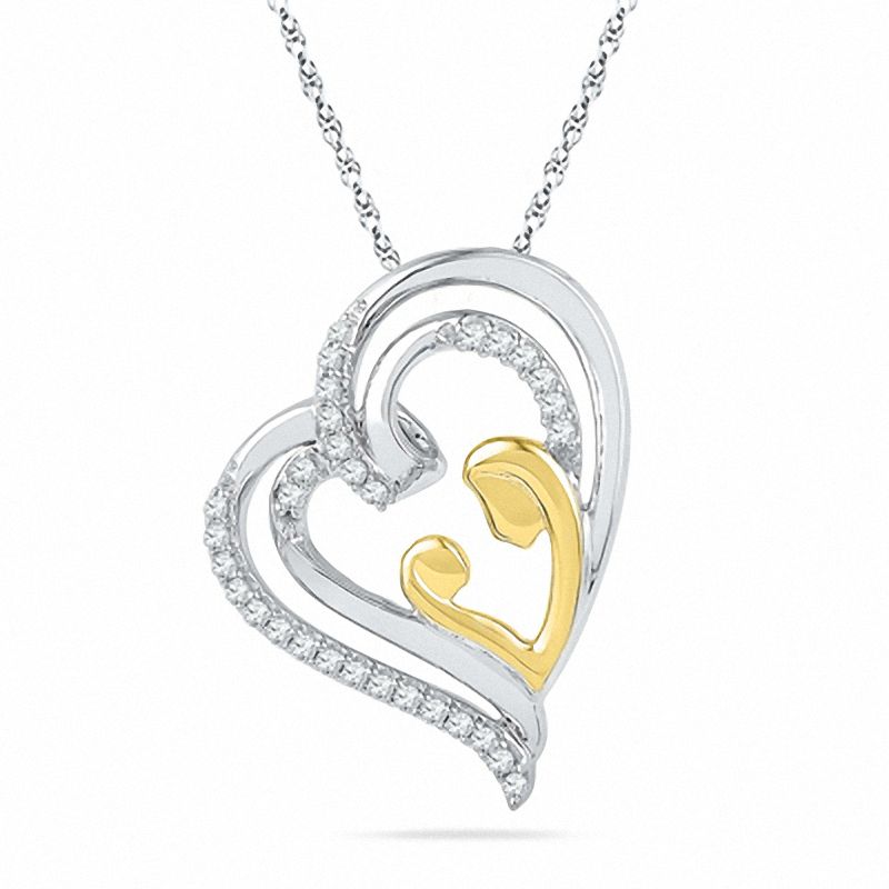 0.20 CT. T.W. Diamond Tilted Motherly Love Heart Pendant in Sterling Silver and 14K Gold Plate