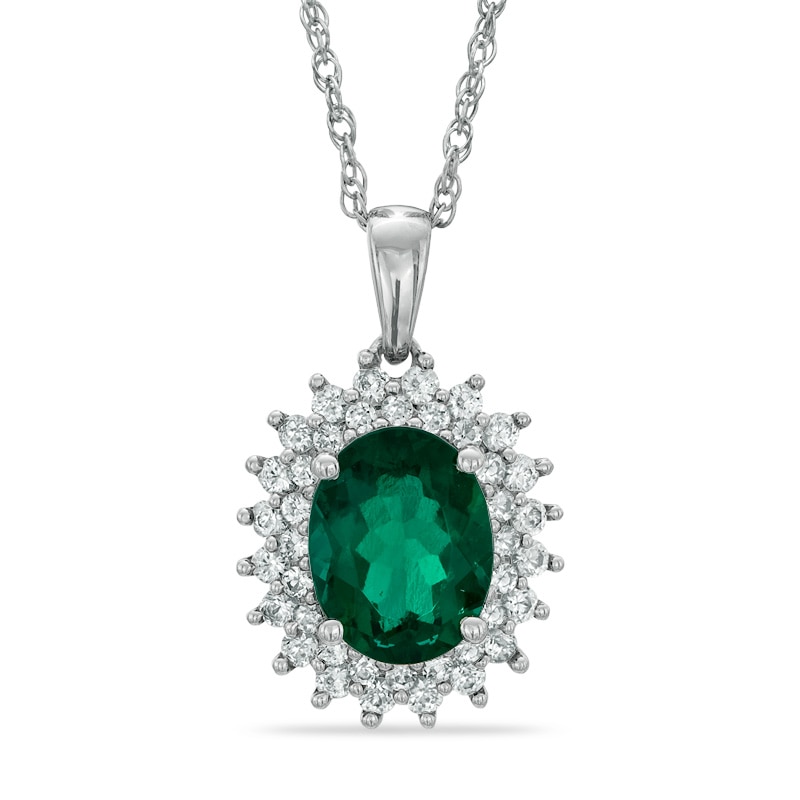 Oval Lab-Created Emerald and White Sapphire Pendant in Sterling Silver