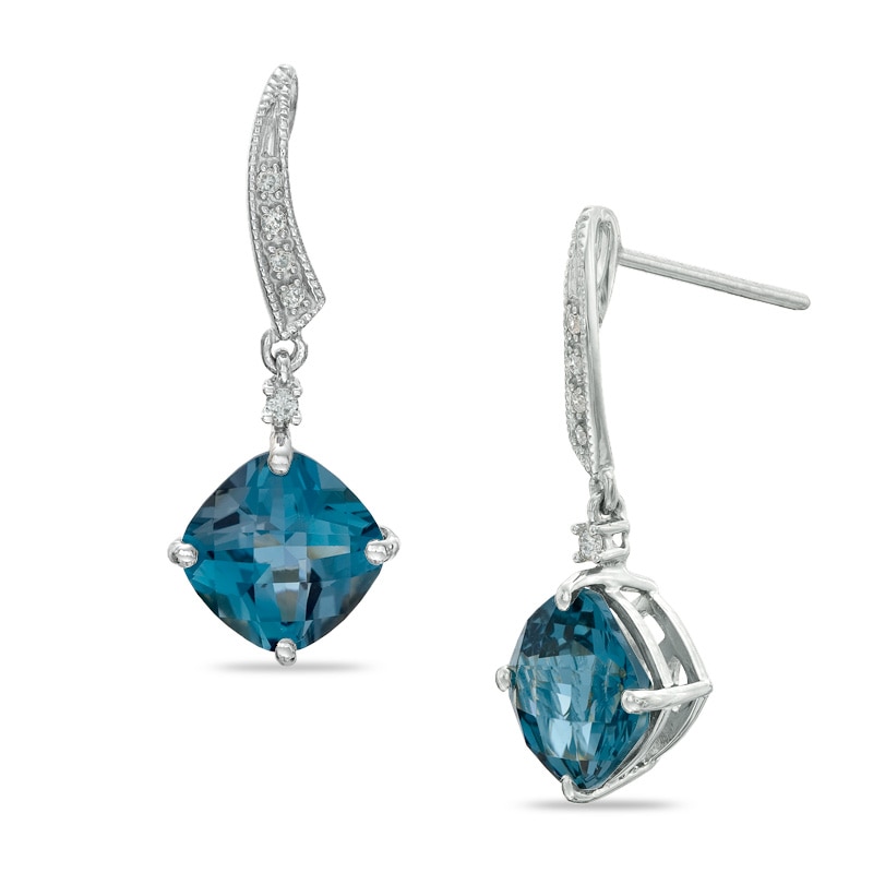 7.0mm Cushion-Cut London Blue Topaz and Diamond Accent Drop Earrings in Sterling Silver|Peoples Jewellers