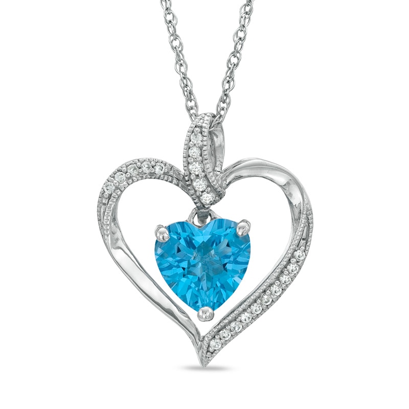 8.0mm Heart-Shaped Swiss Blue Topaz and Lab-Created White Sapphire Heart Pendant in Sterling Silver