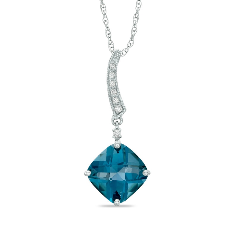 9.0mm Cushion-Cut London Blue Topaz and Diamond Accent Pendant in Sterling Silver|Peoples Jewellers