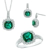 Thumbnail Image 0 of Lab-Created Emerald and 0.11 CT. T.W. Diamond Pendant, Ring and Earrings Set in Sterling Silver - Size 7