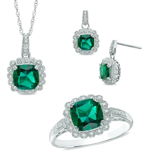 Lab-Created Emerald and 0.11 CT. T.W. Diamond Pendant, Ring and Earrings Set in Sterling Silver - Size 7