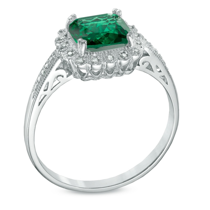 Lab-Created Emerald and 0.11 CT. T.W. Diamond Pendant, Ring and Earrings Set in Sterling Silver - Size 7