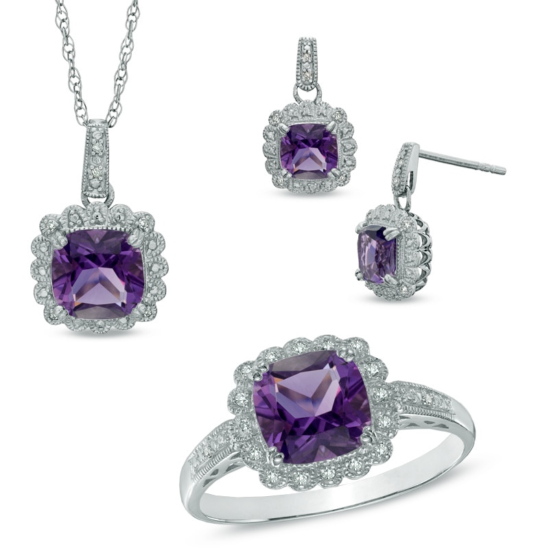 Amethyst and 0.11 CT. T.W. Diamond Pendant, Ring and Earrings Set in Sterling Silver - Size 7