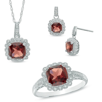 Garnet and 0.11 CT. T.W. Diamond Pendant, Ring and Earrings Set in Sterling Silver - Size 7