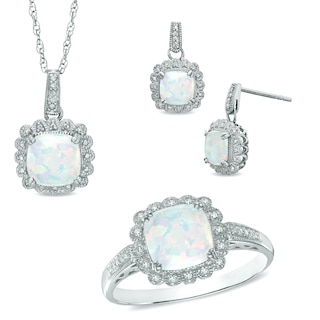 Lab-Created Opal and 0.11 CT. T.W. Diamond Pendant, Ring and Earrings Set in Sterling Silver - Size 7