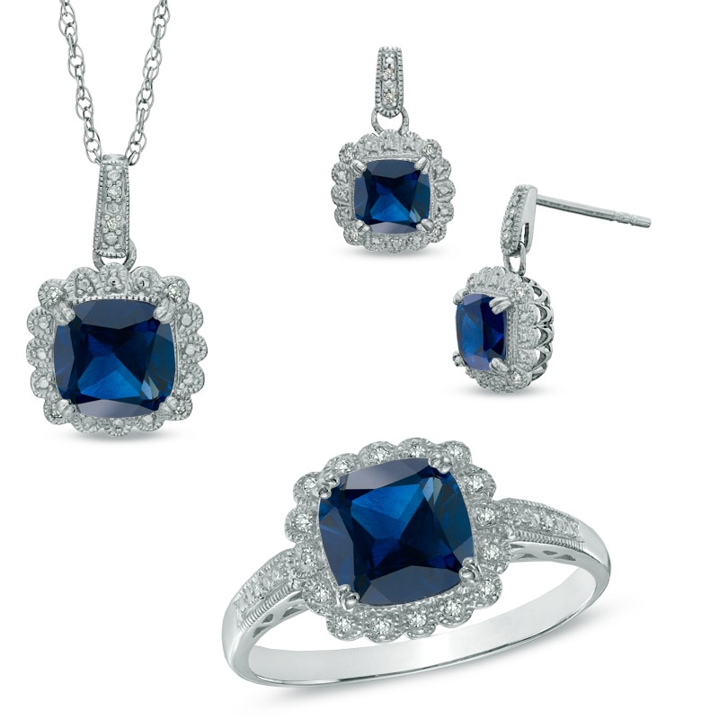 Main Image 1 of Lab-Created Blue Sapphire and 0.11 CT. T.W. Diamond Pendant, Ring and Earrings Set in Sterling Silver - Size 7