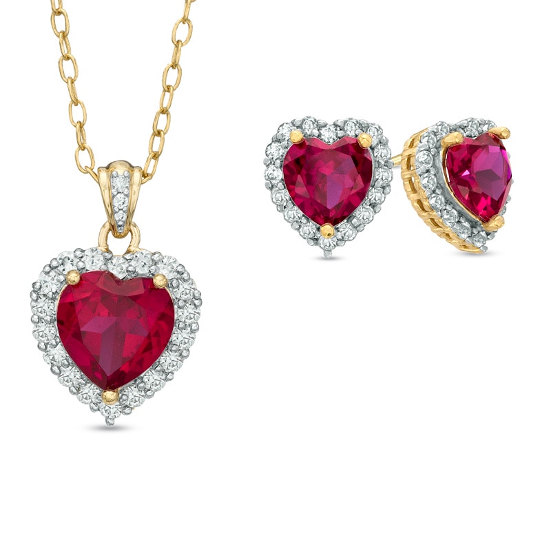 Heart-Shaped Lab-Created Ruby and White Sapphire Pendant and Earrings Set in Sterling Silver with 18K Gold Plate