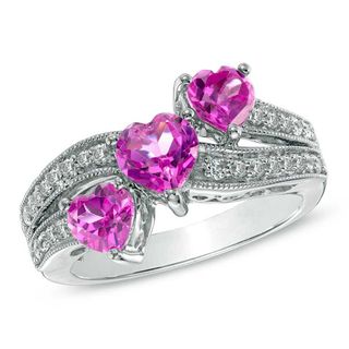 Heart-Shaped Lab-Created Pink and White Sapphire Three Stone Ring in Sterling Silver