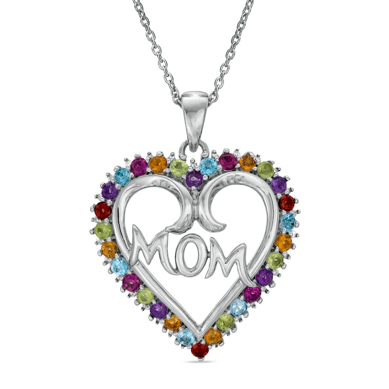 Multi-Gemstone and Diamond Accent "MOM" Heart Pendant in Sterling Silver