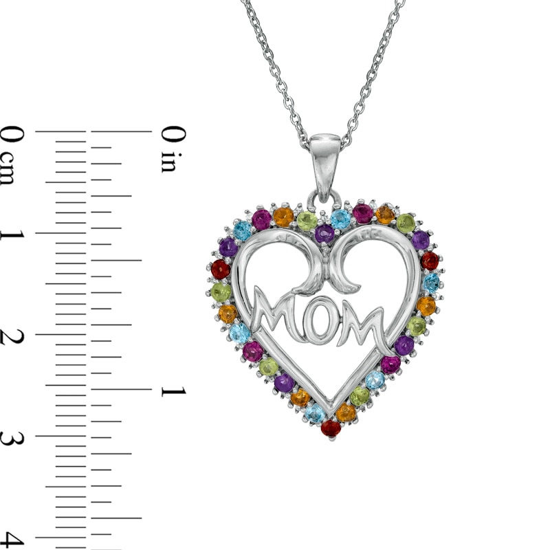 Multi-Gemstone and Diamond Accent "MOM" Heart Pendant in Sterling Silver