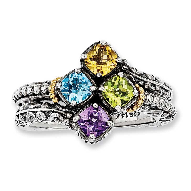 Mother's Cushion-Cut Simulated Birthstone Ring in Sterling Silver and 14K Gold (4 Stones)