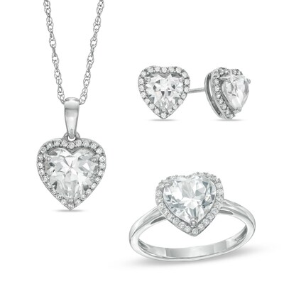 Heart-Shaped Lab-Created White Sapphire Pendant, Ring and Earrings Set in Sterling Silver