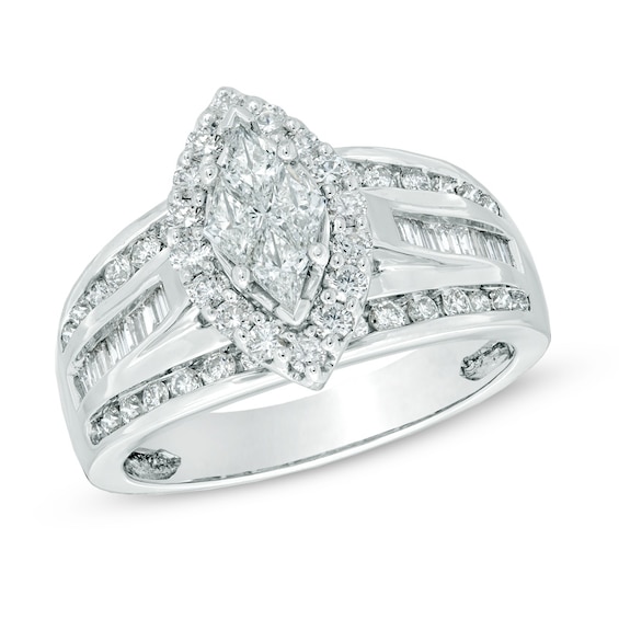 1.25 CT. T.W. Marquise Composite Diamond Frame Engagement Ring in 14K White Gold