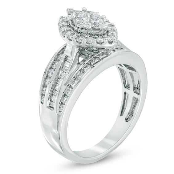 1.25 CT. T.W. Marquise Composite Diamond Frame Engagement Ring in 14K White Gold