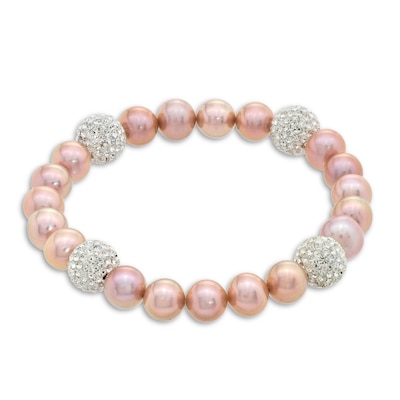 8.0-9.0mm Dyed Pink Freshwater Cultured Pearl and Crystal Bead Stretch Bracelet-7.25"