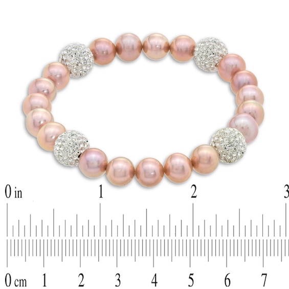 8.0-9.0mm Dyed Pink Freshwater Cultured Pearl and Crystal Bead Stretch Bracelet-7.25"