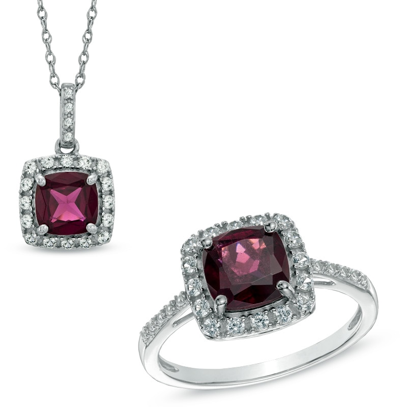 Main Image 1 of 7.0mm Cushion-Cut Garnet and Lab-Created White Sapphire Pendant and Ring Set in Sterling Silver - Size 7