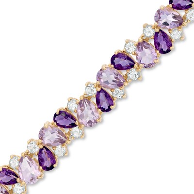 Pear-Shaped Pink Quartz, Amethyst and White Topaz Bracelet in Sterling Silver with 14K Gold Plate - 7.25"