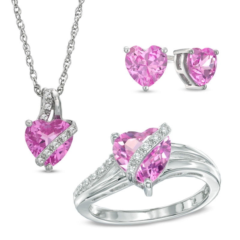 Main Image 1 of Heart-Shaped Lab-Created Pink and White Sapphire Pendant, Ring and Earrings Set in Sterling Silver - Size 7