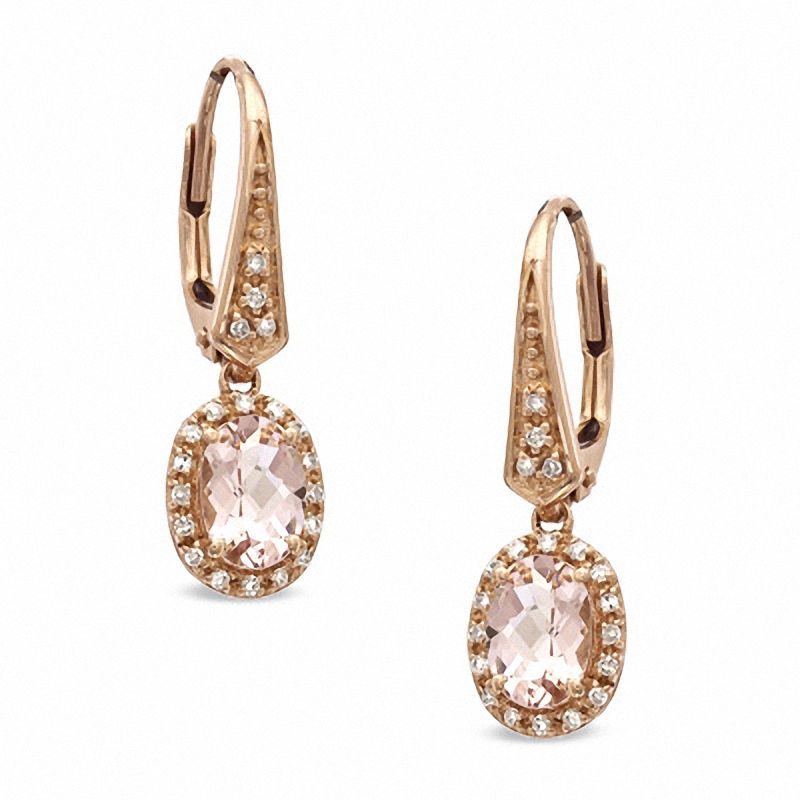 Oval Morganite and 0.12 CT. T.W. Diamond Drop Earrings in 10K Rose Gold|Peoples Jewellers