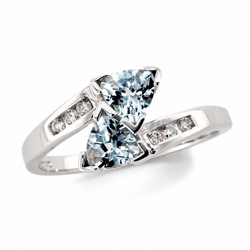 5.0mm Trillion-Cut Aquamarine and Diamond Accent Bypass Ring in 10K White Gold