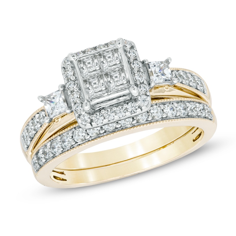 1.00 CT. T.W. Princess-Cut Quad Diamond Frame Bridal Set in 10K Gold