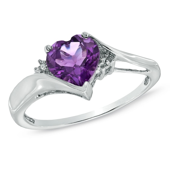 7.0mm Heart-Shaped Amethyst and Diamond Accent Ring in 10K White Gold