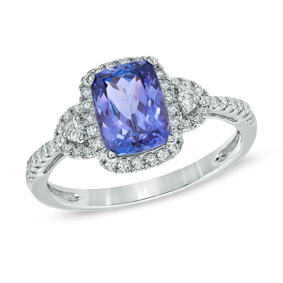 Cushion-Cut Tanzanite and 0.28 CT. T.W. Diamond Ring in 14K White Gold ...