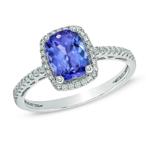 Cushion-Cut Tanzanite and 0.17 CT. T.W. Diamond Ring in 14K White Gold