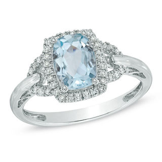 Cushion-Cut Aquamarine and 0.17 CT. T.W. Diamond Frame Ring in 10K White Gold