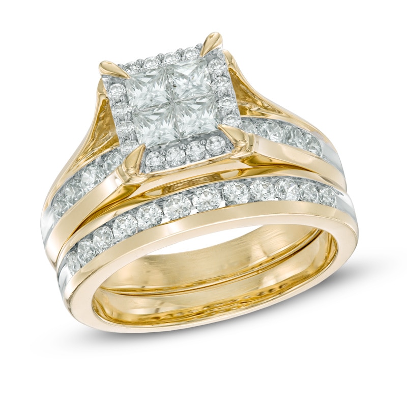 1.50 CT. T.W. Quad Princess-Cut Diamond Frame Bridal Set in 14K Gold ...