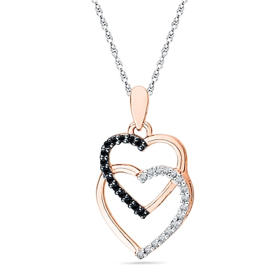 0.12 CT. T.W. Enhanced Black and White Diamond Double Heart Pendant in 10K Rose Gold